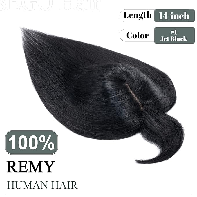SEGO Hair Toppers for Women Real Human Hair with Thinning Hair, Toppers Hair Pieces Clip in Toppers Straight Hair Pieces with Front Bangs 150% Density Silk Base -14 Inch #1 Jet Black