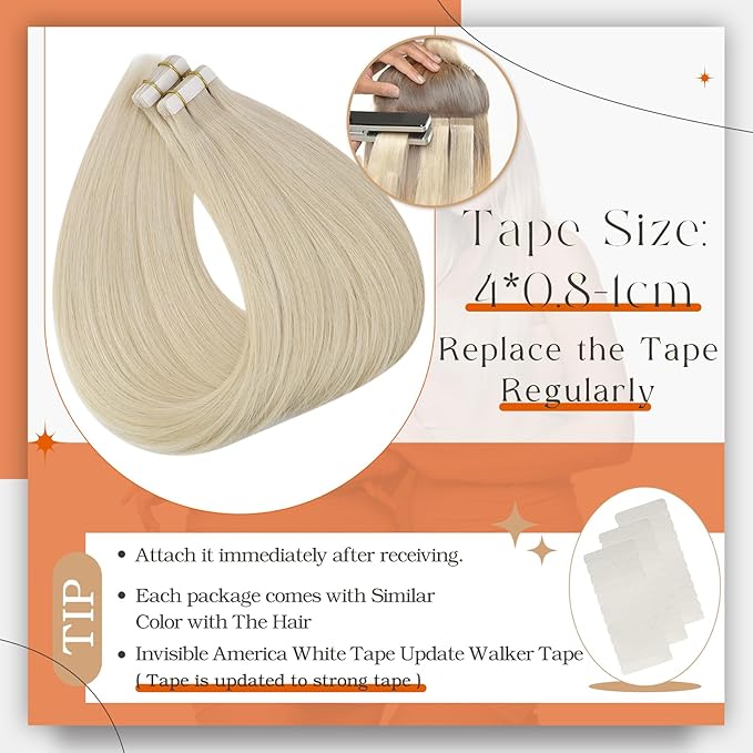 Full Shine Tape in Hair Extensions 12Inch Double Sided Hair Extensions Tape in Color 613 Bleach Blonde Skin Weft Tape in Extensions Real Human Hair Extensions 30 Gram Seamless Tape Extensions