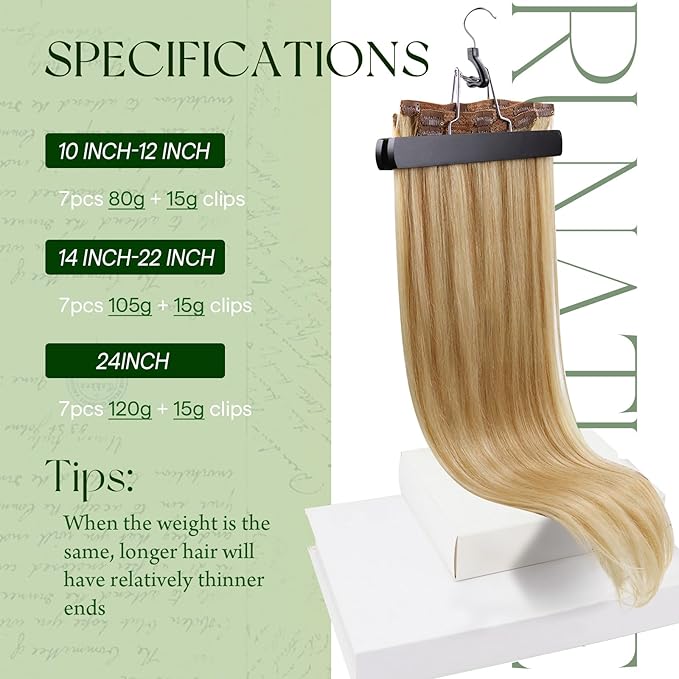 RUNATURE Clip in Hair Extensions Blonde, Real Human Hair Clip in Extensions, Remy Hair Extensions Clip ins, Double Weft Full Head Hair, 18 Inch 120g 7pcs #16P24 Golden Blonde Highlights