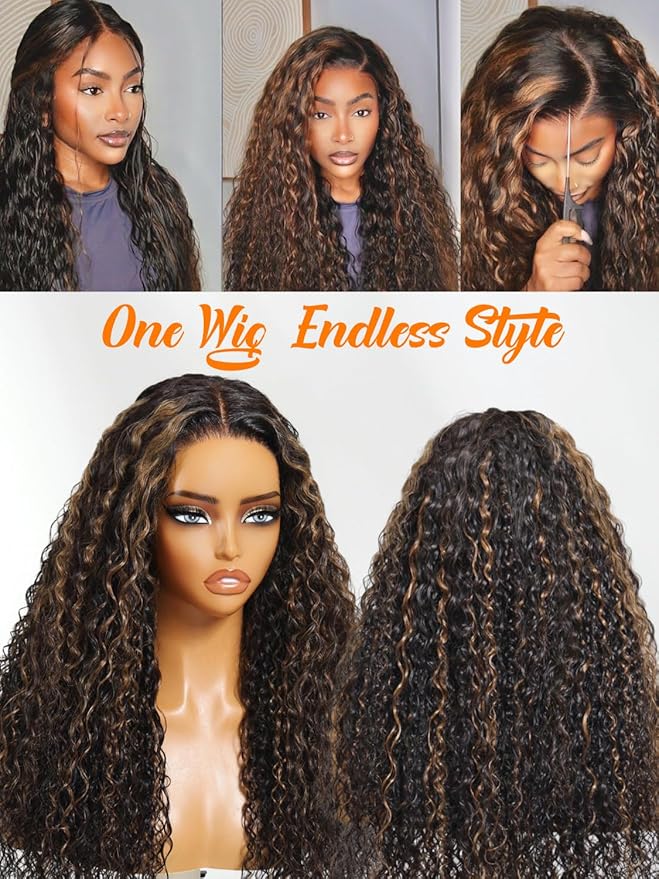 Julia Hair Golden Brown Highlight Water Wave and Jerry Curly Wig Mixed Curls 13X4 Lace Front Pre Everything Wigs Glueless Human Hair Lace Frontal with Invisi Drawstring Ready to Go 26 Inch