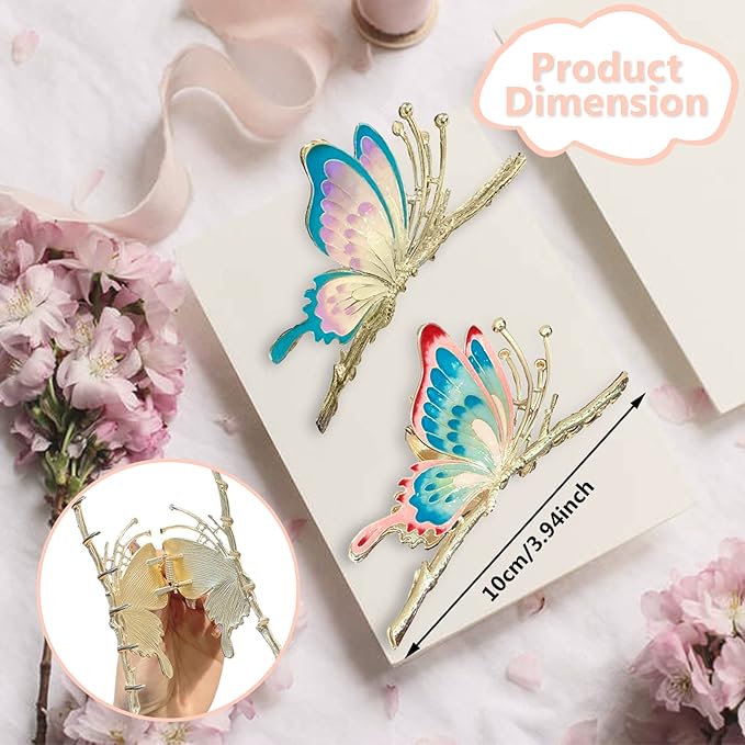 Large Non-Slip Metal Sparkly Butterfly Hair Jaw Clips for Women - Strong Hold Cute Hair Claws, Headwear Gifts (2Pcs)