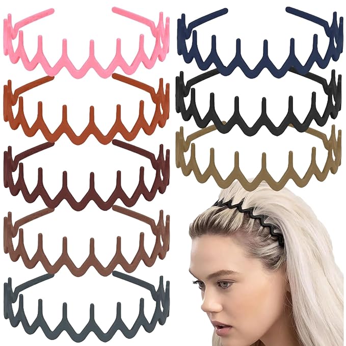 LAPOHI 8 PCS No Slip Fashion Plastic Headbands with Wide Teeth Comb Multicolour Skinny Hair Accessories for Women Men Teen Girls, Morandi Wave Shape Hair Bands for Thick Hair
