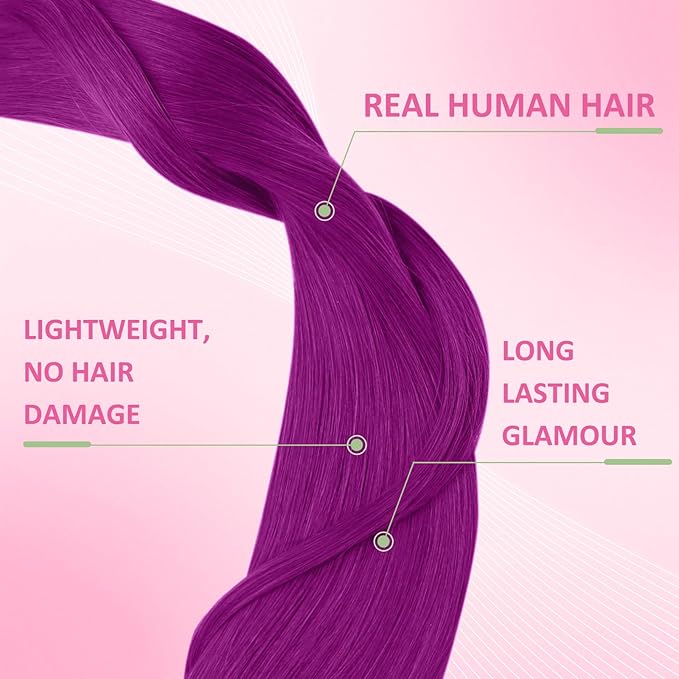 YoungSee Tape in Extensions Human Hair Purple Invisible Tape in Hair Extensions Purple 10pcs 25g Color Human Hair Tape in Extensions 14In Short-Hair for Cosplay