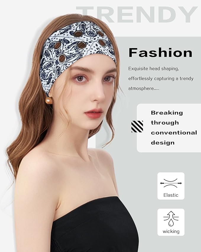 Grommet Headband for Women, White Paisley 23cm Hollow Out Elastic Hair Band, Eyelets Punk Grunge Stylish Hairband