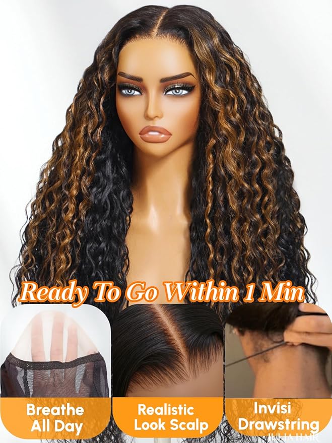 Julia Hair Ombre Brown Water Wave Glueless Wig Human Hair 7x5 HD Lace Closure with Invisible Drawstring Pre Plucked Bleached Highlight Balayage Colored Curly Wigs Put On And Go 16 Inch