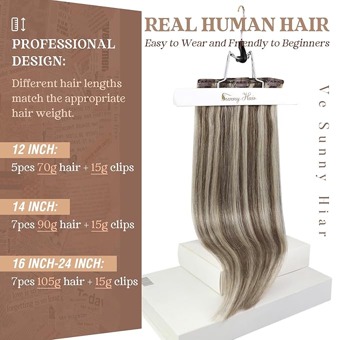 Ve Sunny Clip in Hair Extensions Straight Human Hair Clip in Extensions Remy Clip in Hair Extensions Real Human Hair Extensions for women Light Brown Highlights Platinum Blonde 7pcs 120g 14 inch