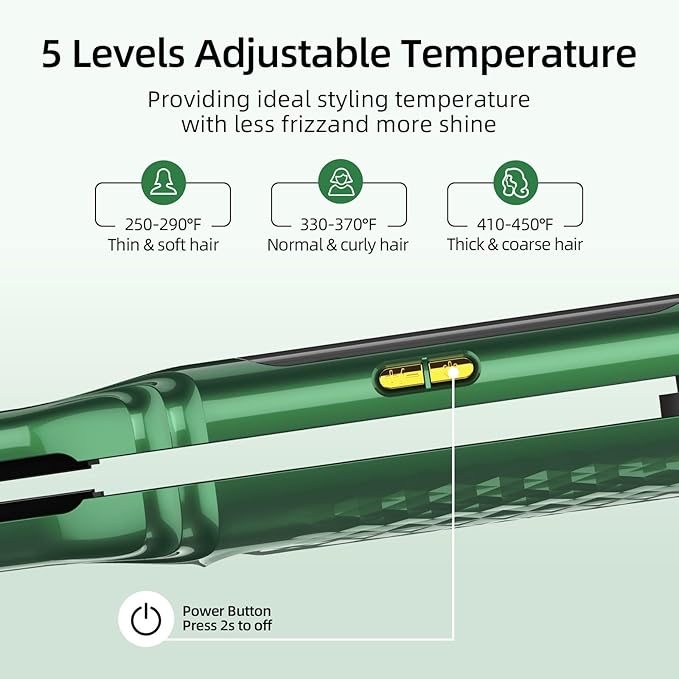 Small Flat Irons for Short Hair, 15s Ultra Fast Heat Up Pencil Flat Iron, Negative Ions Mini Flat Iron for Edges, 3/10'' Travel Hair Straightener with LED Display Auto Shut Off（Green）