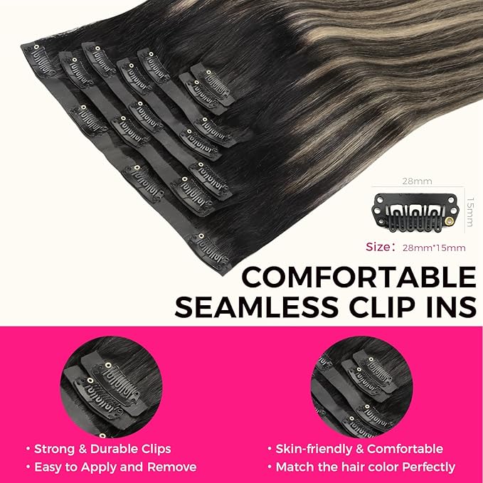 Lashey Seamless Clip in Hair Extensions Human Hair, 110g 7pcs Straight Balayage Natural Black to Light Blonde Highlighted Clip in Hair Extensions for Black Women 18 Inch