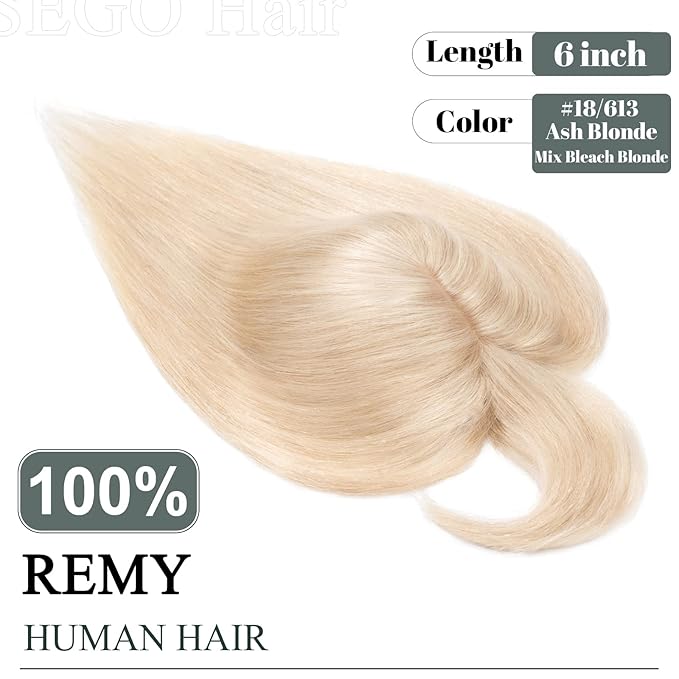 SEGO Hair Toppers for Women Real Human Hair with Thinning Hair, Toppers Hair Pieces Clip in Toppers Straight Hair Pieces with Front Bangs -6 Inch #18/613 Ash Blonde Mix Bleach Blonde