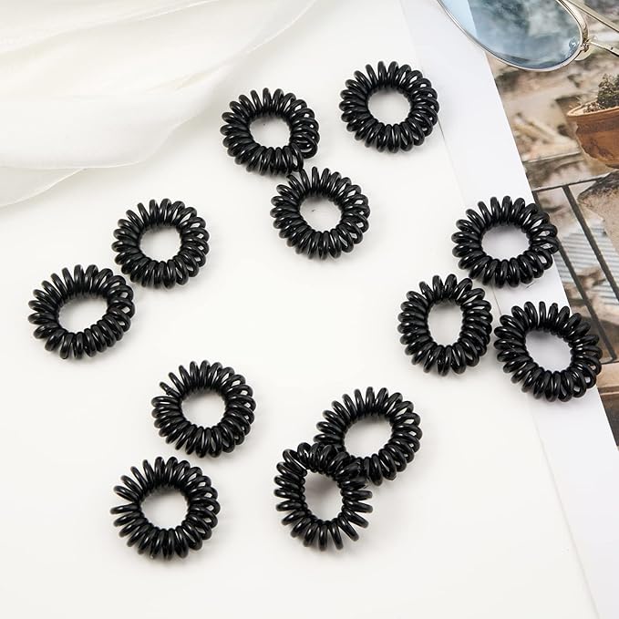 Spiral Hair Ties (Small Black, 50 Pcs Plastic Spiral) - Coil Ponytail Holders for Thick Hair, No Crease Phone Cord Ties for All Types