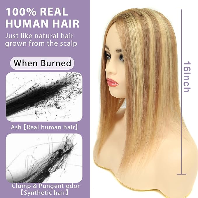 Real Human Hair Toppers for Women #TLQ, 3x5 Inch Injected Silk Base 130% Density 16 Inch Length Hair Toppers