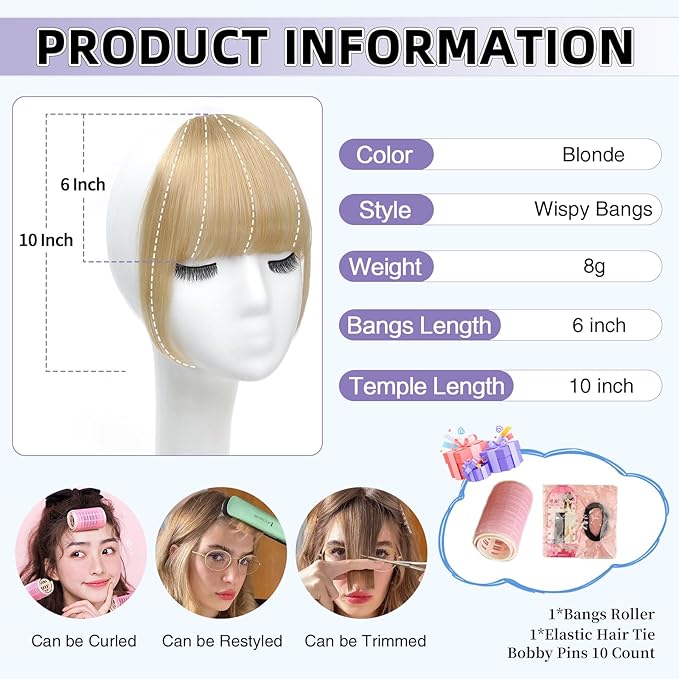 Wispy Bangs Hair Clip, 100% Human Hair Clip In Blonde Bangs for Women, Soft Layered Fake Bangs with Feathered Fringe, Easy Clip-On Design for Daily Wear & Halloween
