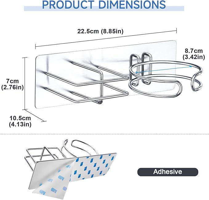 Hair Dryer and Straightener Holder Wall Mounted, Self Adhesive Blow Dryer and Flat Iron Storage Hair Tool Organizer for Bathroom Vanity (Silver)