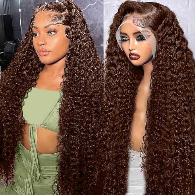 Anderah Chocolate Brown Deep Wave Lace Front Wigs Human Hair 200 Density 13x6 HD Lace Frontal Wigs Curly Human Hair Wig For Women Pre Plucked with Natural Hairline 4# Brown Color (32inch)