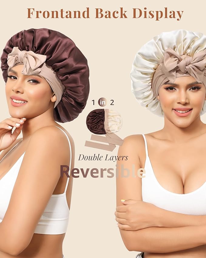 AWAYTR Silk Bonnet for Sleeping Women 100% Mulberry Silk Bonnet with Band 2 Layer Reversible Hair Bonnet Sleeping Hair Wrap (Dark Brown/Light Champagne)