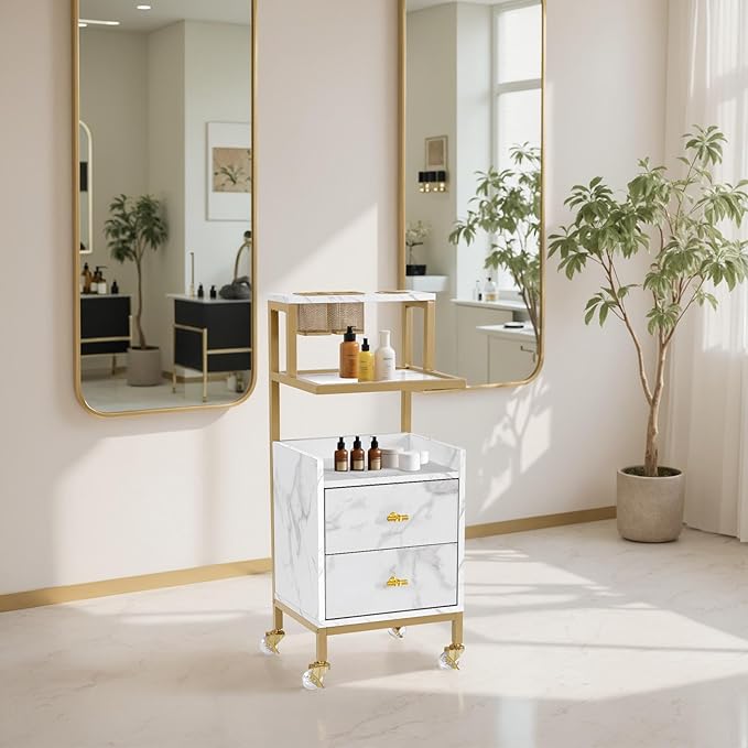BarberPub Rolling Salon Cart with Storage Drawers, Barber Trolley with Metal Tool Holder & Basket, Beauty Salon Equipment for Hair Stylist 2084 (White)