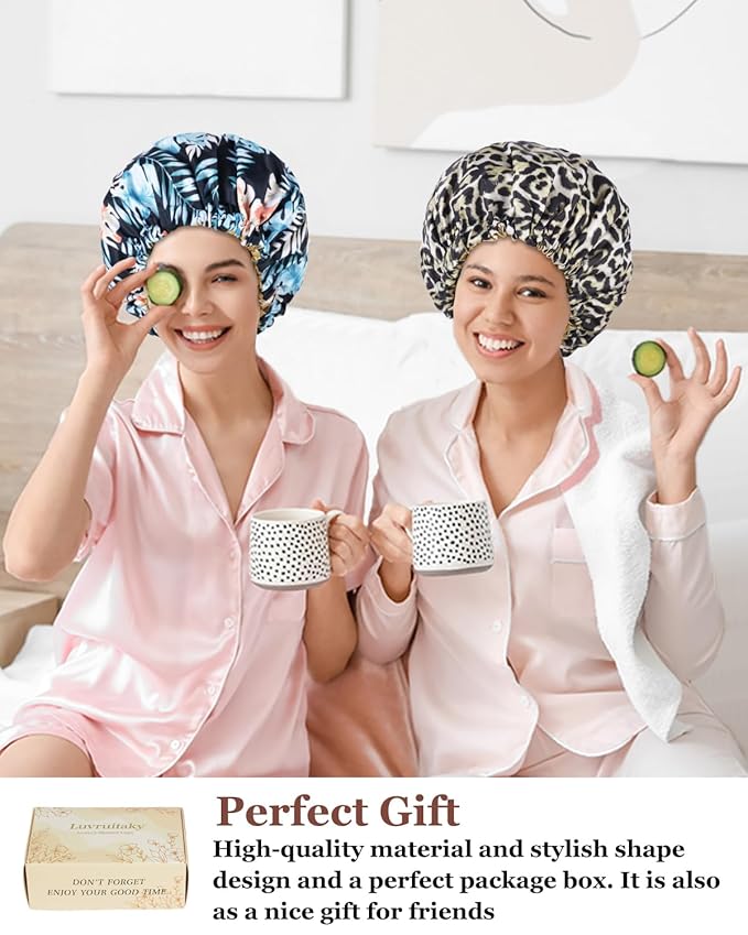 Large Shower Caps for Women Reusable Waterproof Satin Lined Shower Cap with Adjustable Band Double Layer Design Luxury Washable Bath Hair Bonnet (Black Leopard)