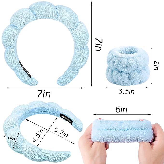 Zkptops 6Pcs Spa Headband for Washing Face Wristbands Set Women Bubble Skincare Makeup Sponge Blue Terry Cloth Padded Puffy Headband Bow Tie Hairband Cute Non Slip Thick Hair Accessory Gifts