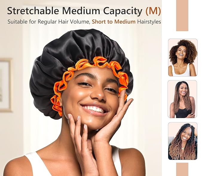mikimini Black Shower Cap, Double Layers Waterproof Bathing Hair Cap with Reusable Soft Comfortable PEVA Lining, Cute, Non-fading & Stretchy Shower Hat Medium (Pack of 1) Black + Orange
