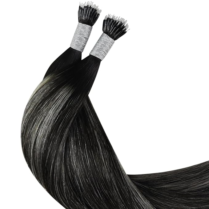 YoungSee Nano Ring Hair Extensions Black Ombre Nano Hair Extensions Ombre Black to Silver for Prom 50s 50g 18in