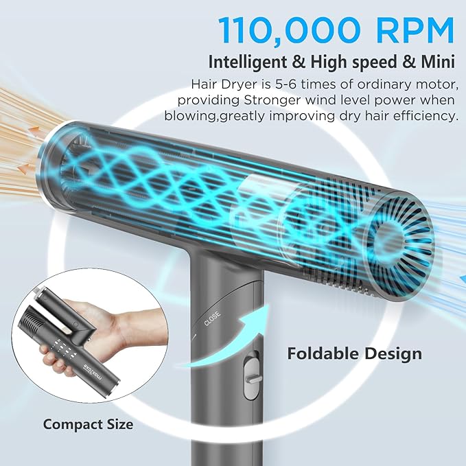 Hair Dryer, High-Speed Brushless Motor Ionic, Foldable and Portable 9Modes One Touch Switch with 1Diffuser, 1Nozzle and 1Concentrator Attachment for Home, Travel, Grey