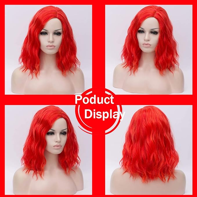 BUFASHION 14" Women Short Red Kinky Straight Cosplay Synthetic Wigs With Air Bangs 46 Colors Available (Red)