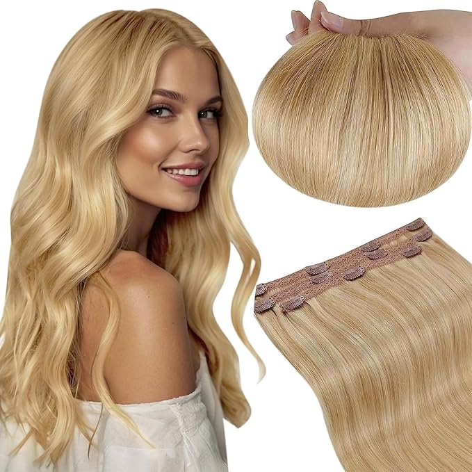 RUNATURE Clip in Hair Extensions Real Human Hair Blonde, Short Hair Extensions Clip Ins 10 Inch, Remy Human Hair Clip in Extensions, Add Hair Volume, 50g 3pcs #16P24 Golden Blonde Highlights