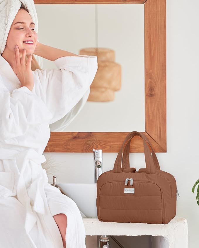 TOPDesign Travel Toiletry Bag for Women, Puffer Large Toiletry Bag, Lightweight Cosmetic Makeup Organizer with Handle for Traveling, Accessories, Essentials, Toiletries (Brown)