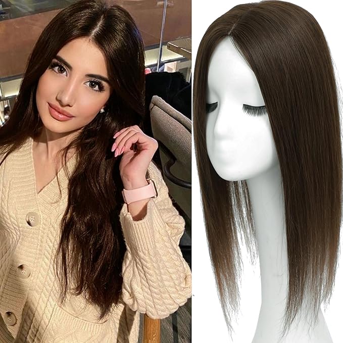 Hair Toppers for Women Real Human Hair, 360° 3D Human with Thinning Upgrade Middle Part Clip in Bangs Topper Hair Pieces for Women Daily(Mocha Brown, 18 Inch-3D-Side)