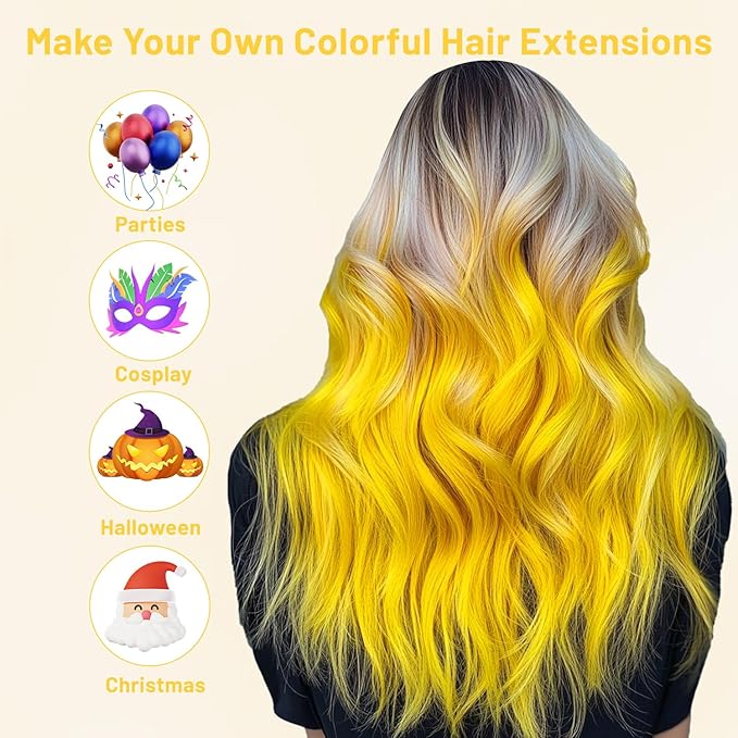 16 Pcs Colored Hair Extensions Curly Wavy Clip in Synthetic Hair Extensions,Colorful Party Highlights Hairpiece Streak for Girls Women Kids Christmas New Year Cosplay Party Gift(Yellow)