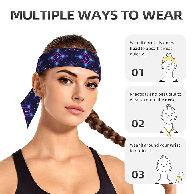 Men Women Sports Sweat Band, Multifunction Elastic Head Ribbon for Running Workout Shower, Novelty Sacred Geometric Symbols Sun Moon Trippy Purple Headdress Hair Decor