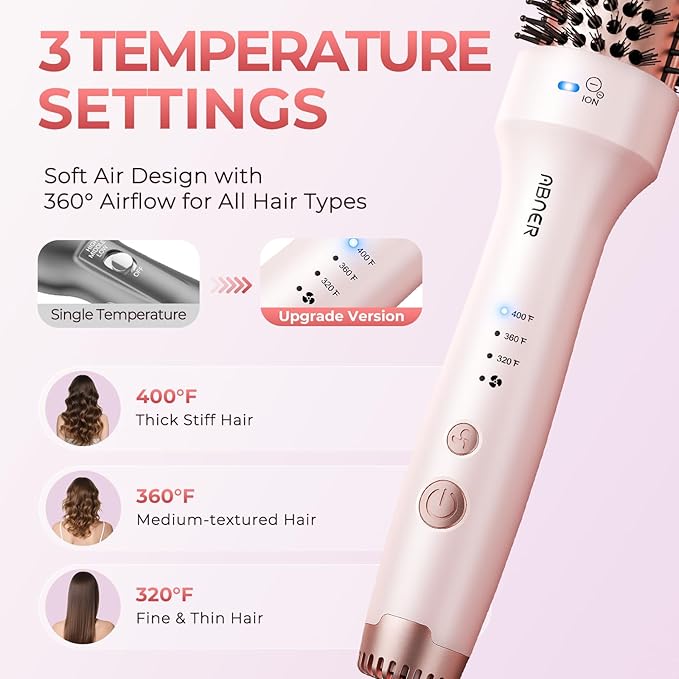 ABNER Thermal Ionic Brush, 1.5 inch Heated Round Brush for Blowout Look, Volumize, Style, Makes Hair Shinier & Smoother, Dual Voltage for Travel, Negative Ion Technology, Ceramic, Temperature Settings