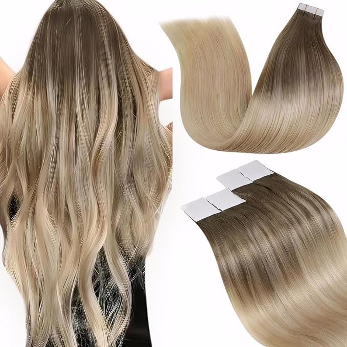 LaaVoo Tape in Extensions Balayage Blonde Human Hair Tape in Hair Extensions Light Brown to Ash Blonde Mix Platinum Blonde Hair Extensions Tape on Real Human Hair 18inch 50g 20pcs