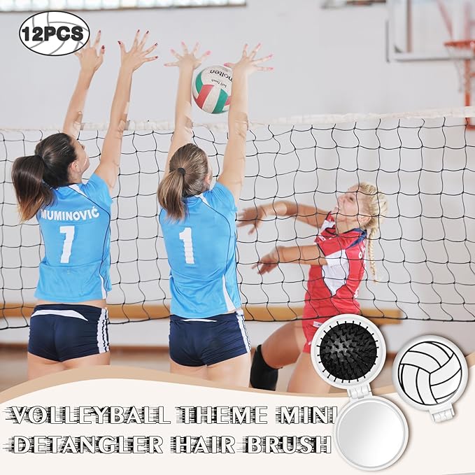 12 Pcs Volleyball Mini Detangler Brush, Folding Mirror Hair Brushes, Mini Travel Hair Brush, No Tangle Soft Flexible Bristles for Straight, Curly, Thick Hair for Volleyball Team Gift Sport Party
