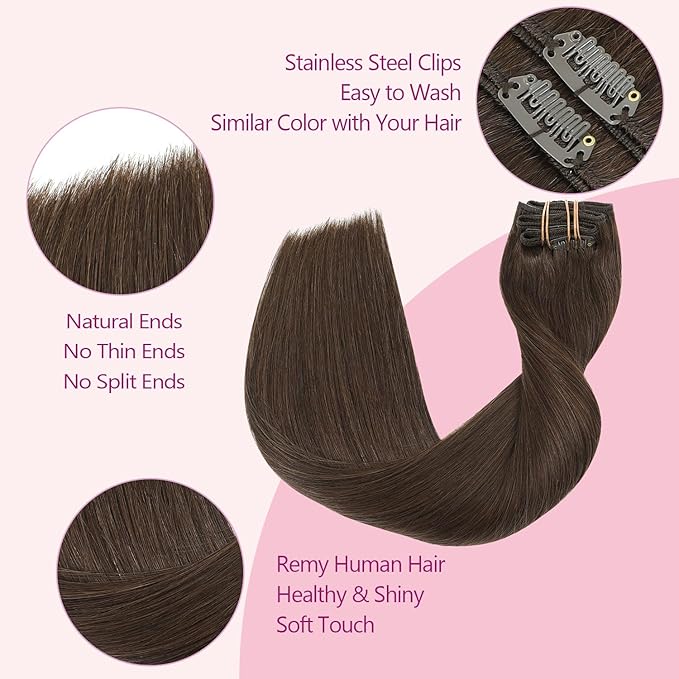 PINKPEARL Human Hair Clip in Hair Extensions 20inch #4 Chocolate Brown Clip in Hair Extensions Real Human Hair 7pcs 120g Natural Human Hair Clip ins for Women(#4-20)