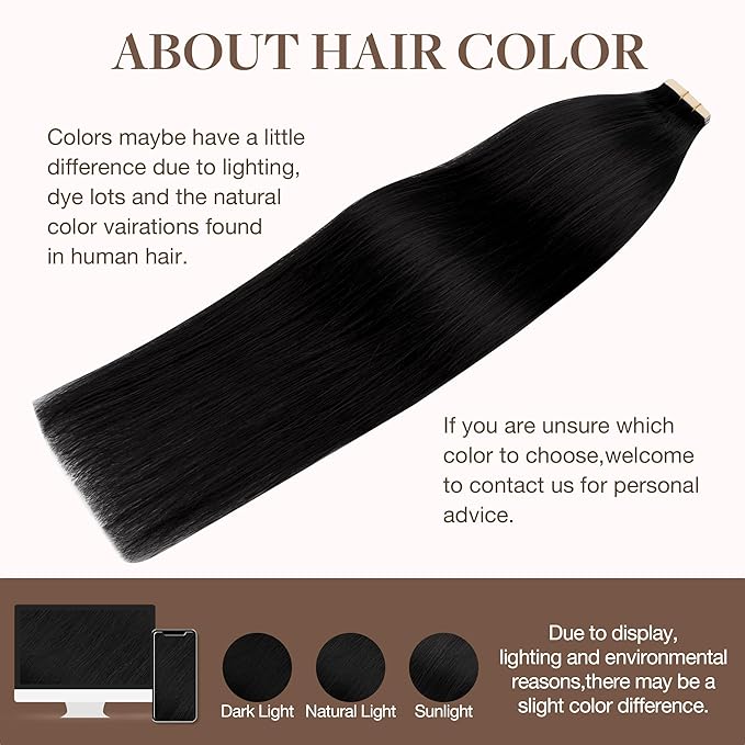 GOO GOO Tape in Hair Extensions Human Hair, 1 Jet black, 18inch 25g 10pcs, Skin Weft Seamless Invisible, Silky Straight with Thick Ends, Remy Human Hair