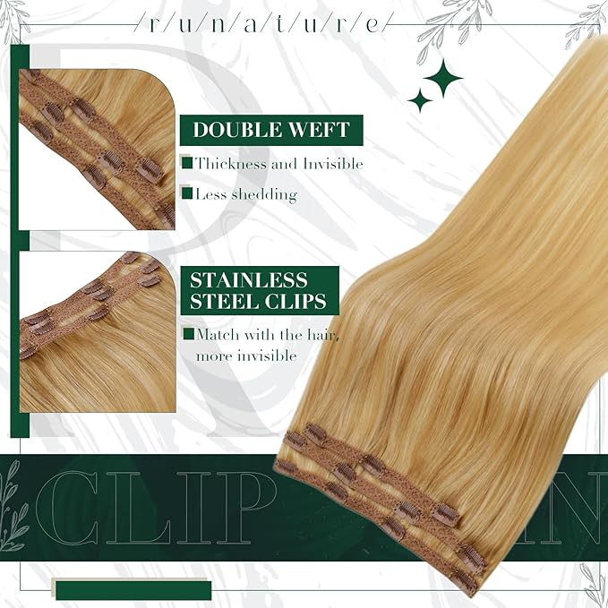 RUNATURE Clip in Hair Extensions Real Human Hair Blonde, Short Hair Extensions Clip Ins 10 Inch, Remy Human Hair Clip in Extensions, Add Hair Volume, 50g 3pcs #16P24 Golden Blonde Highlights