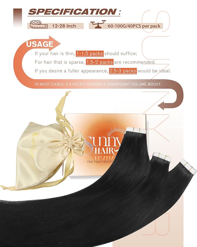 Sunny Hair Tape in Extensions,Remy Hair Extensions Tape in Black Invisible Tape in Hair Extensions Human Hair 100g 20Inch