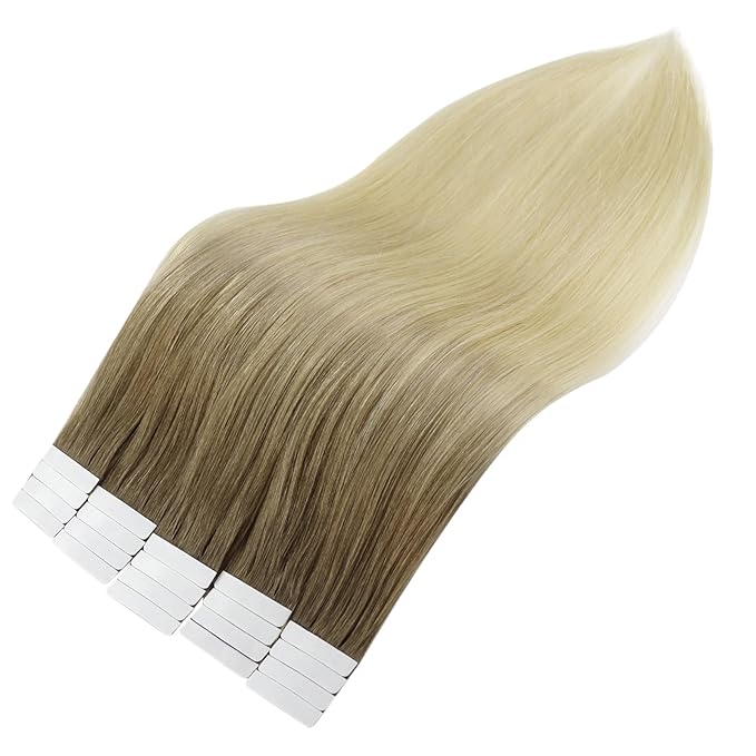 Full Shine Invisible Tape in Hair Extensions Human Hair 14 Inch Tape in Human Hair Extensions Color 3 Dark Brown and 8 Fading to 613 Bleach Blonde 20 Pcs 50G Double Sided Hair Extensions Tape in