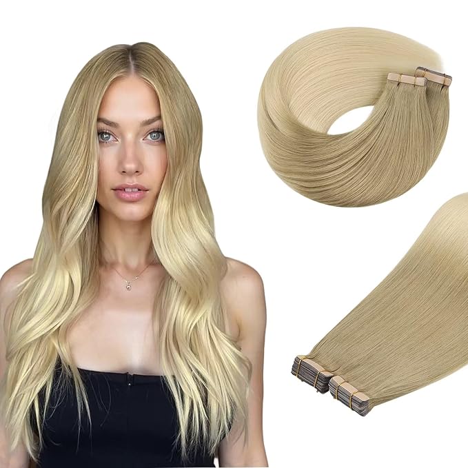 DOORES Tape in Human Hair Extensions, Light Brown to Golden Platinum Blonde 18 Inch 100g 40pcs, Hair Extensions Real Human Hair Tape in Natural Remy Straight Hair