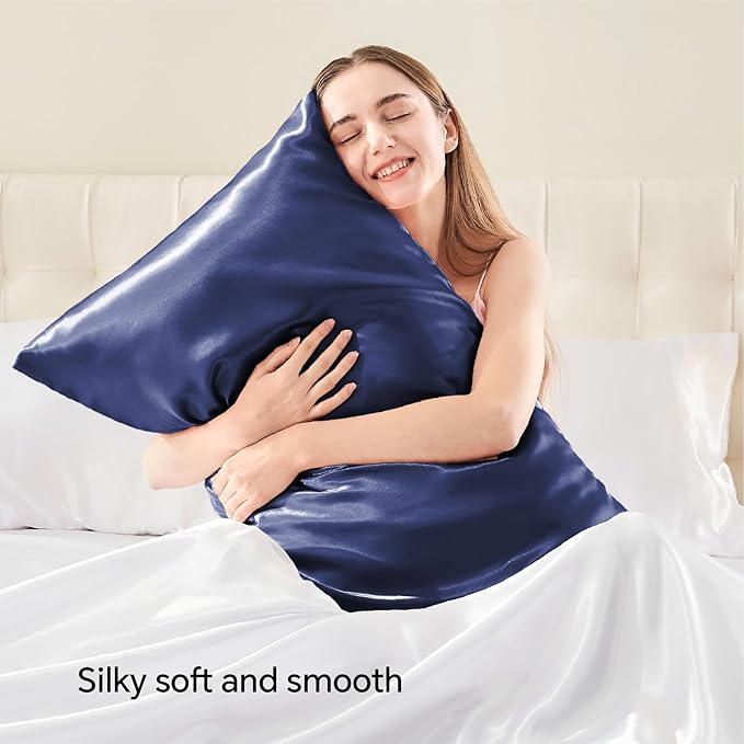 BEDELITE Satin Pillowcase with Zipper 2 Pack, Navy Pillow Cases Standard Size, Super Soft and Cooling Similar to Silk Pillow Cases, Gift for Women Men(20x26 Inches)