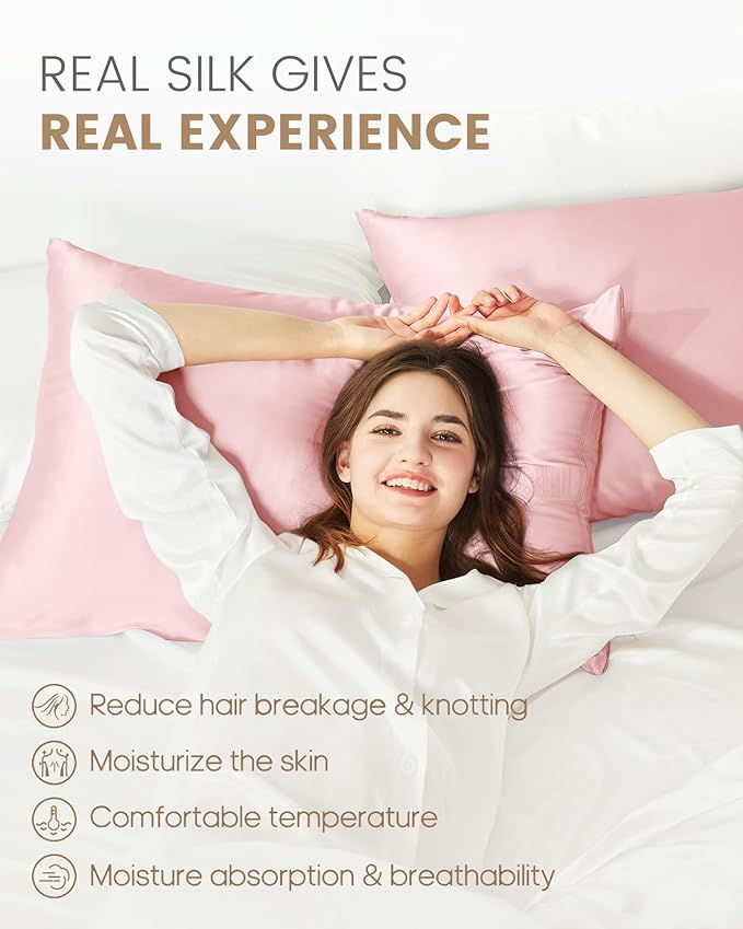 THXSILK Set of 2 Mulberry Silk Zipper Pillow Cases - Highest Grade 6A+ Pure Mulberry Real Silk Pillowcase, 19 Momme Both Sides for Hair and Skin (Light Pink, Queen Size 20"x30")