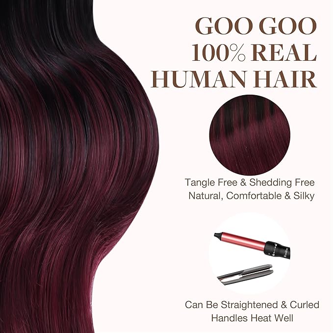 GOO GOO Tape in Hair Extensions Human Hair, 1/99 Balayage Jet Black to Red, 24inch 30g 10pcs, Skin Weft Seamless Invisible, Silky Straight with Thick Ends, Remy Human Hair