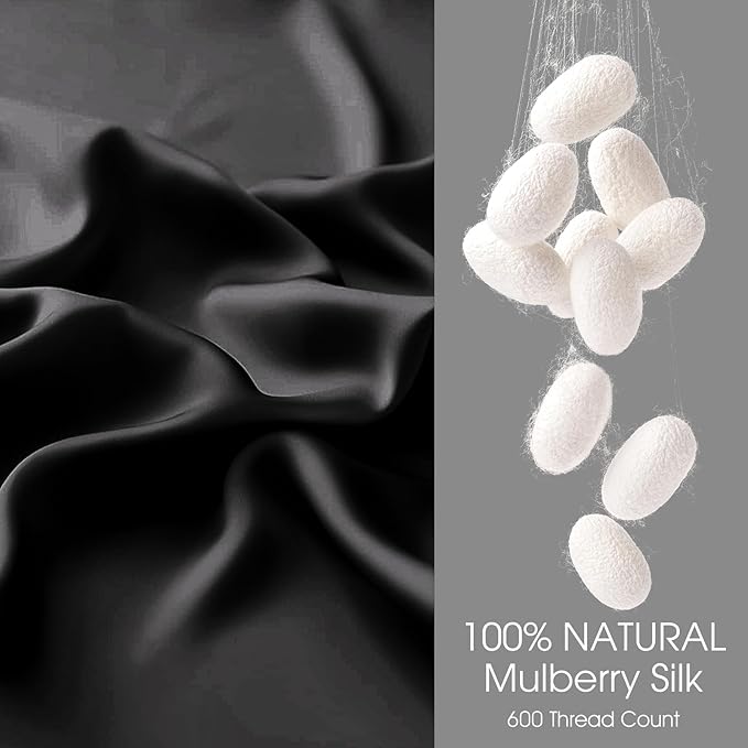 100% Silk Pillow Cases 2 Pack King Size Mulberry Silk Pillowcase for Hair and Skin Set of 2 Highest Grade 6A Silk Soft Breathable Cooling with Hidden Zipper, Black