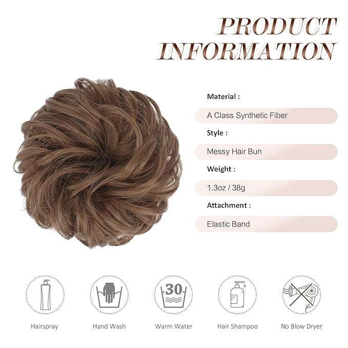 FESHFEN Messy Bun Hair Piece - Elastic Wavy Curly Hair Bun Scrunchies Extensions Synthetic Chignon Hairpieces for Women Girls, Medium Auburn 1.5 oz