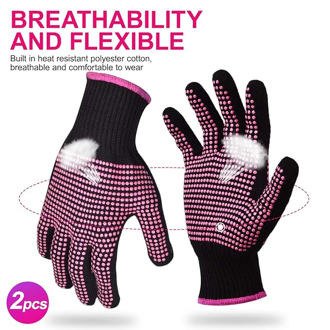Sopito 2Pcs Heat Resistant Gloves with Silicone Bumps, Professional Heat Protection Gloves for Hair Styling, Mitts for Curling Iron Wand Flat Iron Sublimation, Rose Red