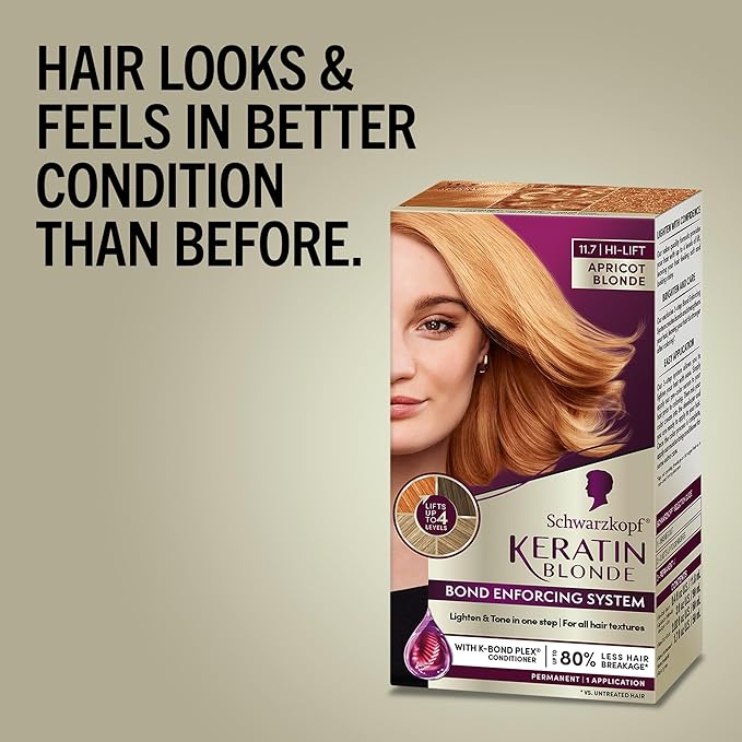 Schwarzkopf Keratin Blonde Hair Dye, 11.7 High Lift Apricot Blonde, Professional Quality Permanent Hair Color, Bond Enforcing System, Pre-Color Serum & Conditioner Included