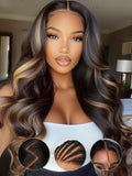 KLAIYI Bye Bye Knots Glueless Wig Human Hair 13x4 Balayage Highlight 3D Body Wave Precut Lace Front Wig with Baby Hair Black Mix Blonde Brown Pre Plucked Pre Bleached Knots Wig 30S Easy to Wear 26Inch