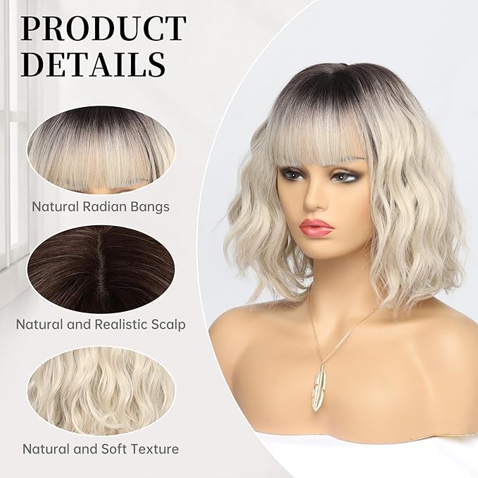 Short Ombre Blonde Bob Wigs for Women Wavy Blonde Wig with Bangs Ash Blond Wig Synthetic Hair Water Wave Medium Length Colorful Wigs（14 Inches）