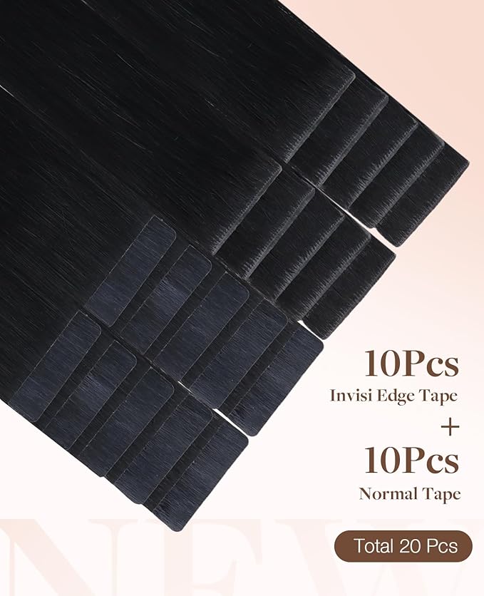 GOO GOO Invisi Edge Tape in Hair Extensions Human Hair, 1 Jet black 10pcs injected with 10pcs classical tape ins, 14inch 50g, Virgin Remy Hair, Natural Look